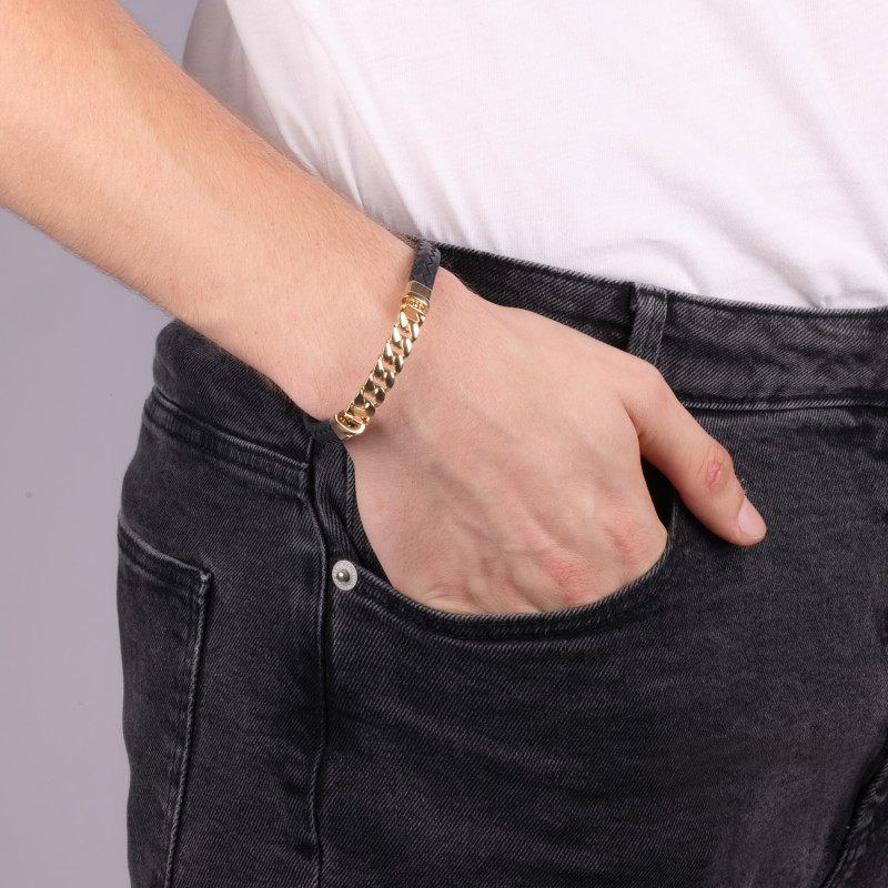 Bransoletka męska złota pancerka z czarną plecioną skórą