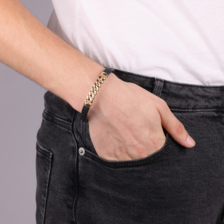 Bransoletka męska z czarnej placionej skóry i złotej pancerki