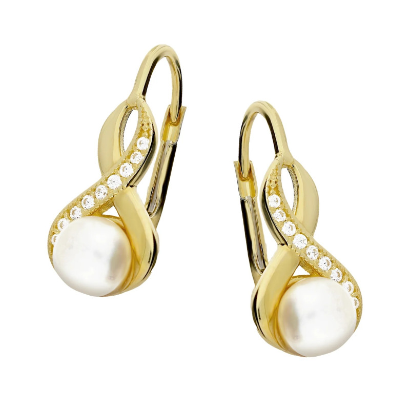 Kolczyki złote ósemki z cyrkoniami i perłami 6 mm