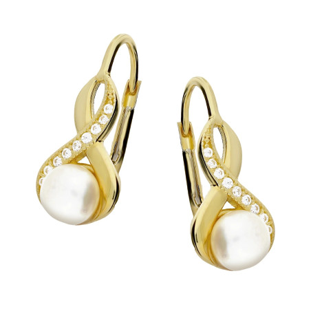 Kolczyki złote ósemki z cyrkoniami i perłami 6 mm