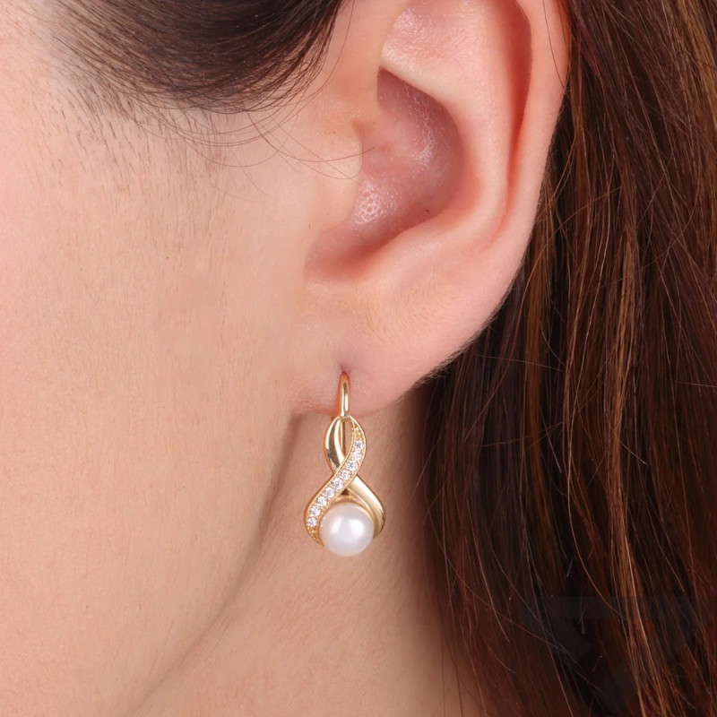 Kolczyki złote ósemki z cyrkoniami i perłami 6 mm