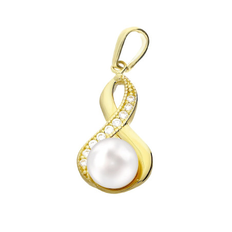 Wisiorek złoty ósemki z cyrkoniami i perłą 6 mm