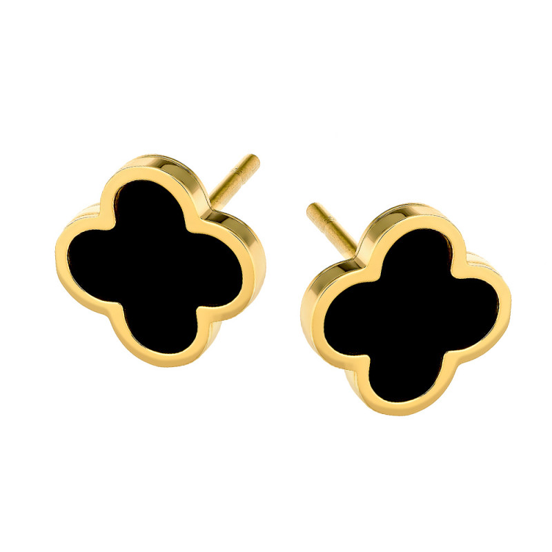 Kolczyki złote koniczyna z czarną masą perłową