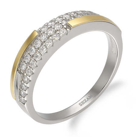 Pierścionek srebrny z białymi cyrkoniami i złotymi blaszkami
