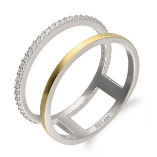 Pierścionek srebrny z białymi cyrkoniami i złotą blaszką