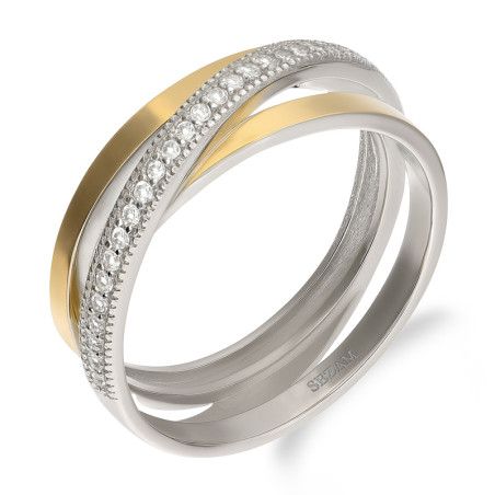 Pierścionek srebrny skos z cyrkoniami i złotą blaszką