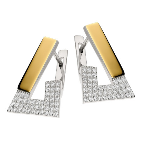 Kolczyki srebrne otwarty trójkąt z cyrkoniami i złotą blaszką