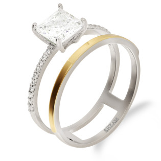 Pierścionek srebrny podwójny z kwadratową cyrkonią