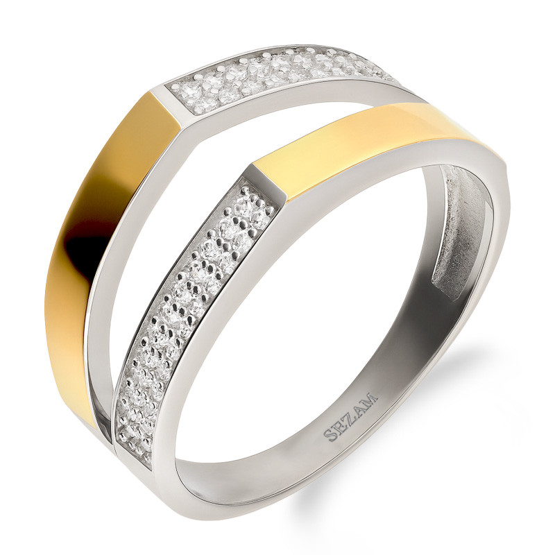 Pierścionek srebrny ze złotą blaszką i cyrkoniami