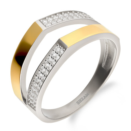 Pierścionek srebrny ze złotą blaszką i cyrkoniami