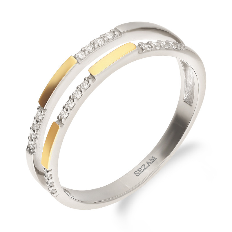 Pierścionek srebrny z białymi cyrkoniami i złotymi blaszkami