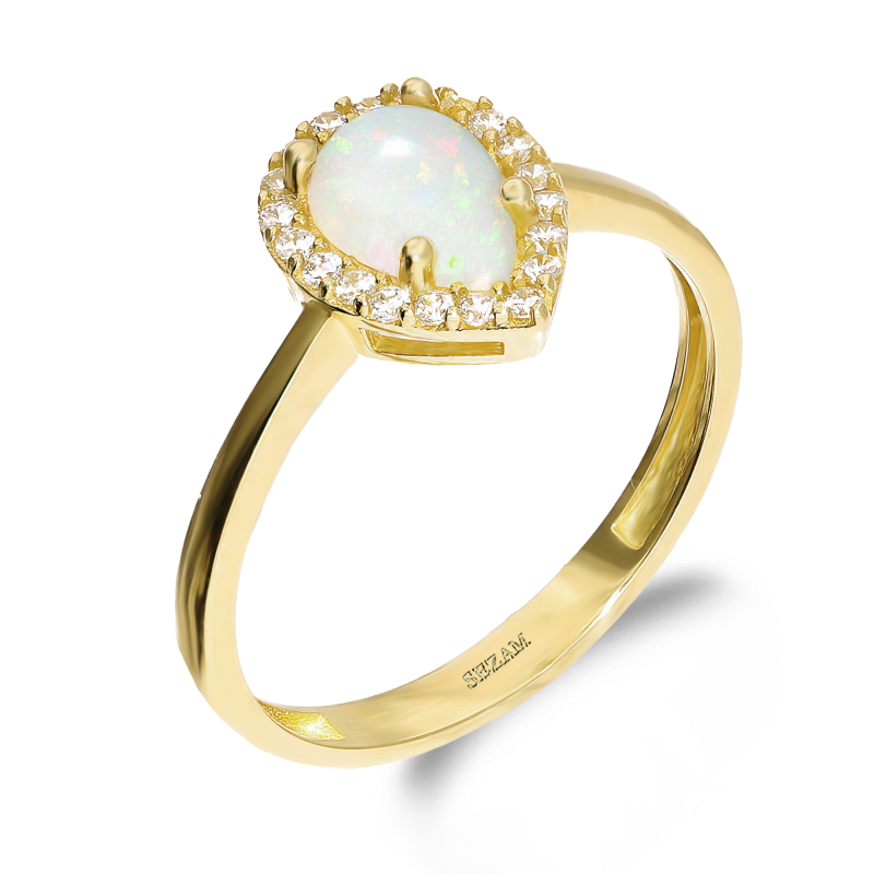 Pierścionek złoty z opalem białym jubilerskim w kształcie kropli