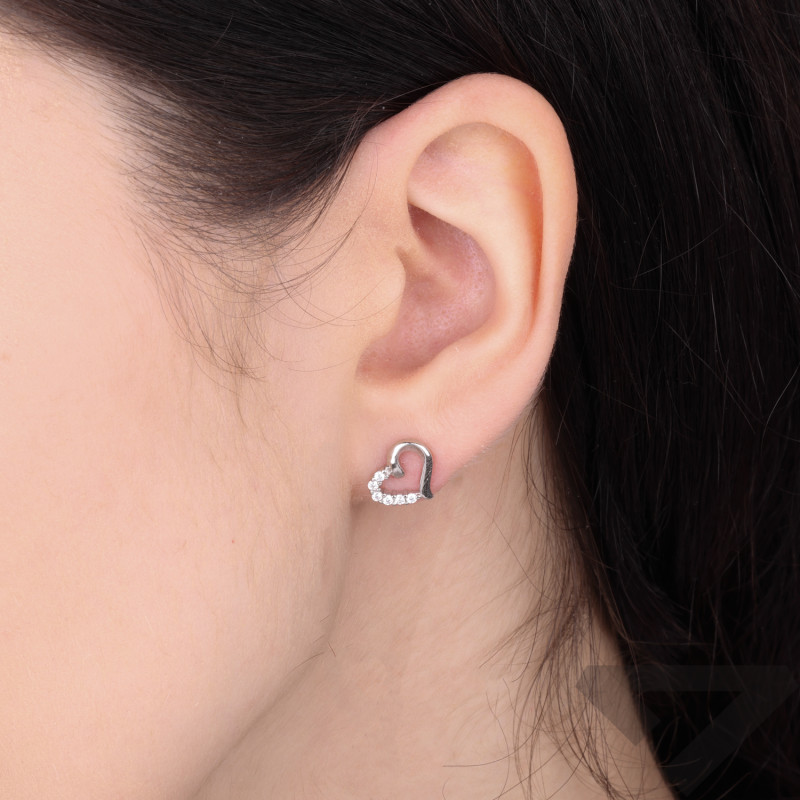 Kolczyki srebrne serce ramka pół gładkie pół z cyrkoniami, próba 925