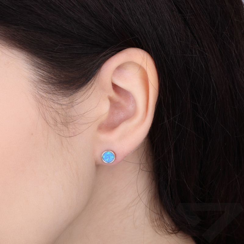 Kolczyki kółka z opalem niebieskim jubilerskim, srebro 925