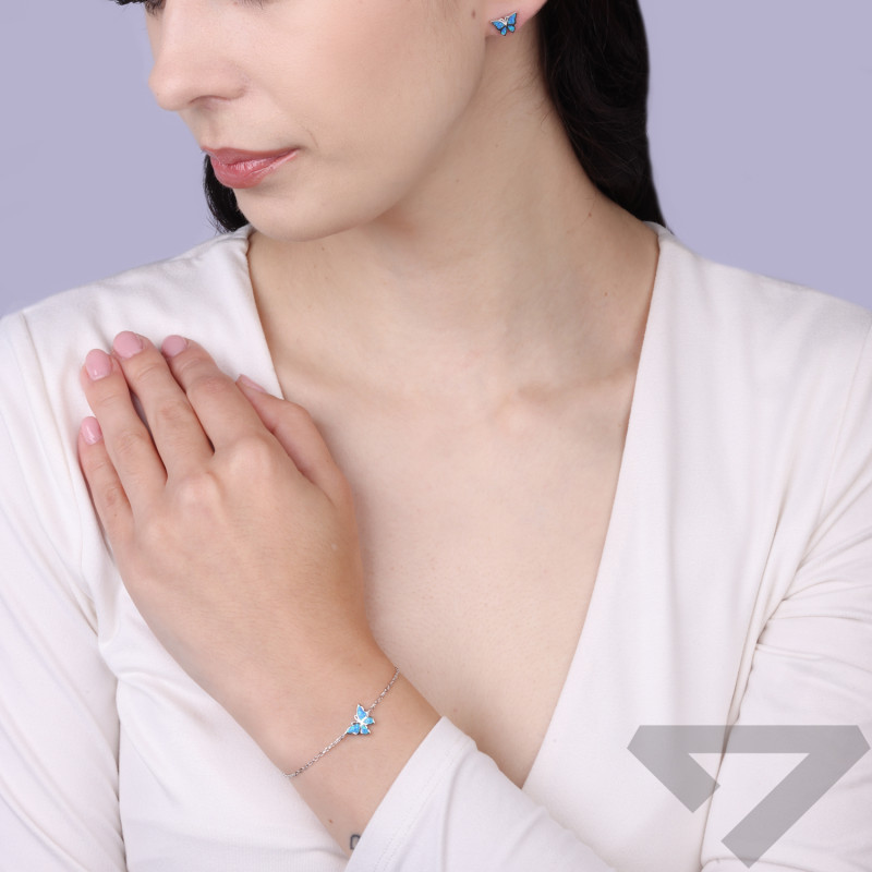 Kolczyki srebrne motylki z opalem niebieskim jubilerskim, próba 925