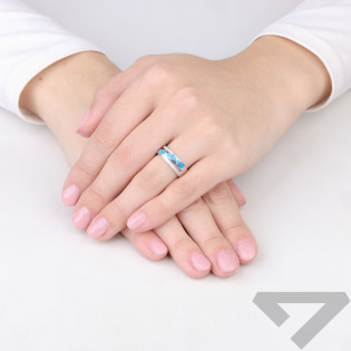 Pierścionek srebrny z cyrkonie z opalem niebieskim jubilerskim, srebro 925