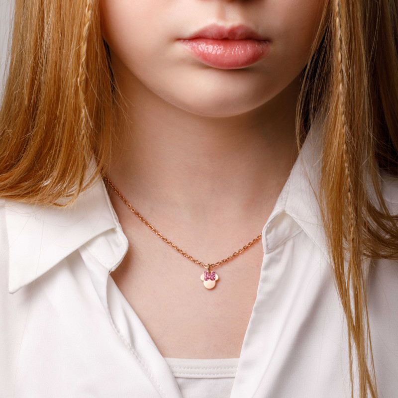 Naszyjnik stalowy Disney Minnie z różowymi cyrkoniami