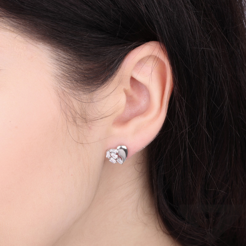 Kolczyki serca pół blask pół cyrkonie, srebro 925