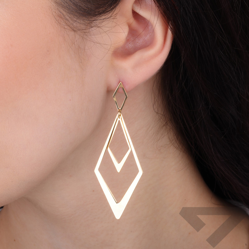 Kolczyki wiszące romby ramki ruchome ze srebra 925 koloru złotego