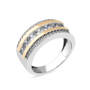 Pierścionek srebrny 925 z cyrkoniami i blaszkami ze złota 375