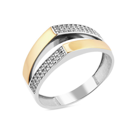 Pierścionek srebrny 925 z cyrkoniami i blaszkami ze złota 375 trójkątna szyna