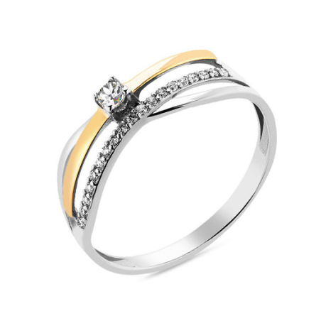 Pierścionek srebrny Line przeplatany z cyrkoniami i blaszkami ze złota 375