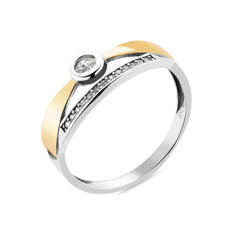 Pierścionek srebrny z cyrkoniami i blaszką ze złota 375