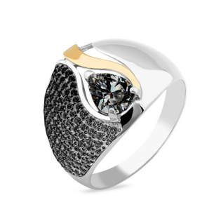 Pierścionek srebrny kopułka z czarnymi cyrkoniami i blaszką ze złota 375