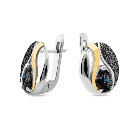 Kolczyki srebrne 925 kopułka z czarnymi cyrkoniami i blaszką ze złota 375