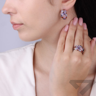 Pierścionek srebrny kopułka cyrkonia odcienie różu i fioletu z blaszką próby 375