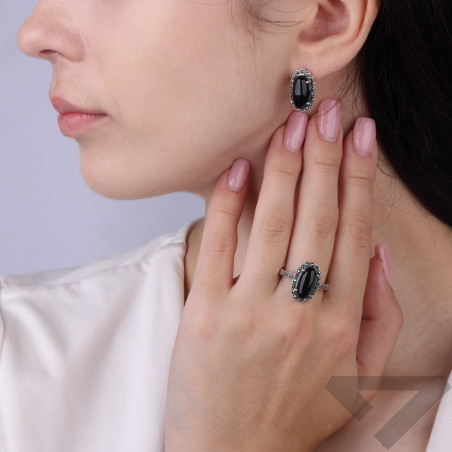 Kolczyki srebrne 925 oksydowane z onyksem i markazytami