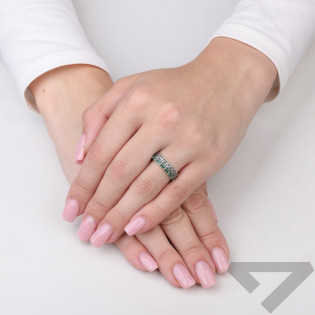 Pierścionek srebrny Line z markazytami i zielonymi cyrkoniami bagieta próba 925