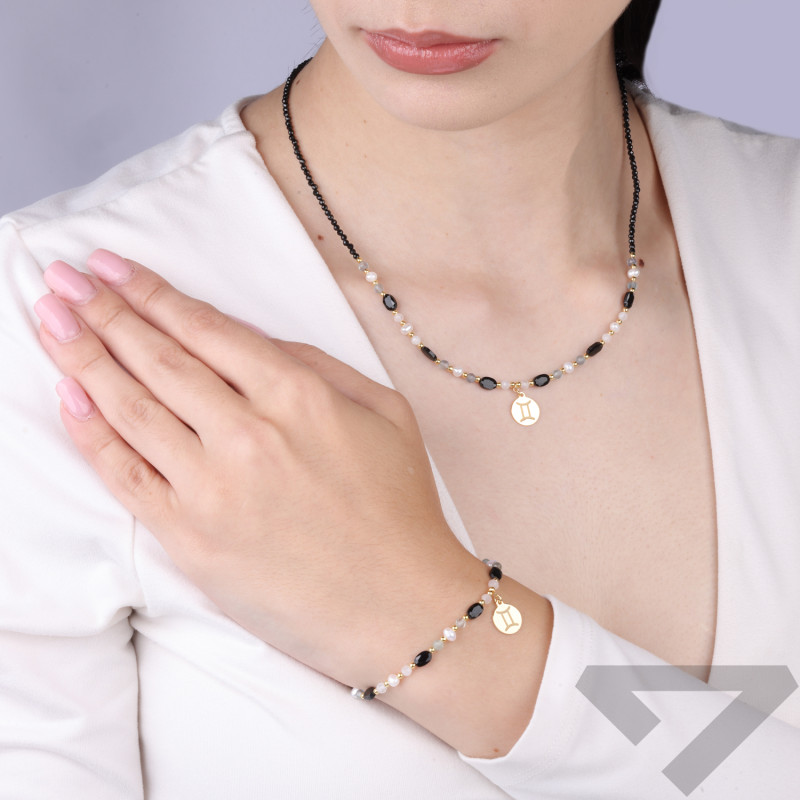 Bransoleta znak zodiaku Bliźnięta z kamieniami naturalnymi srebro koloru złotego