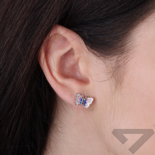 Kolczyki srebrne dla dziewczynki motyl z różową emalią/sztyft AT2059 próba 925