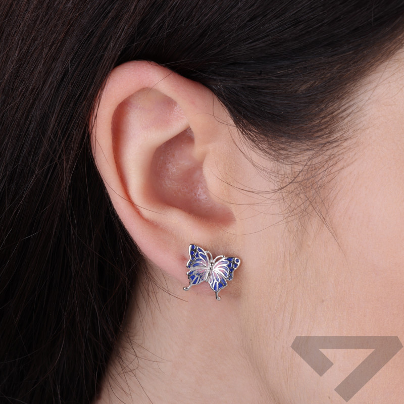 Kolczyki srebrne w kształcie motyla z fioletowo-różową emalią na sztyft próba 925