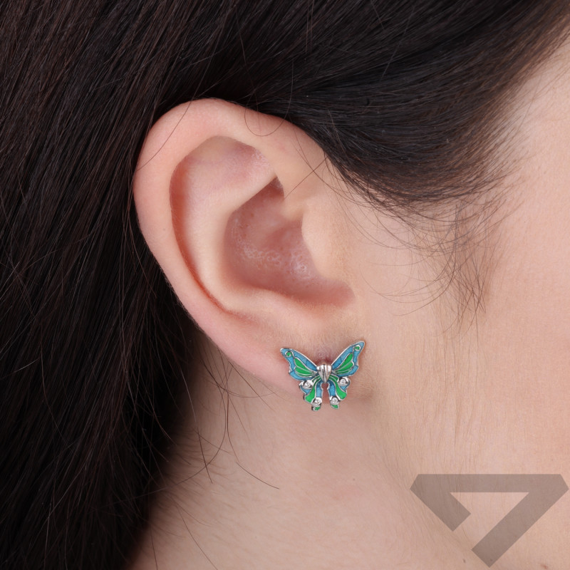 Kolczyki srebrne w kształcie motyla z zielono-niebieską emalią na sztyft próba 925