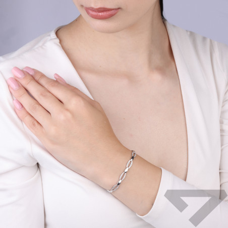 Bransoletka srebrna owalne ogniwa z cyrkonią i satyną próba 925