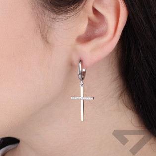 Kolczyki srebrne wiszące z krzyżem z cyrkoniami i blaszką ze złota 375
