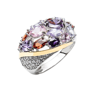 Pierścionek srebrny kopułka cyrkonia odcienie różu i fioletu z blaszką próby 375