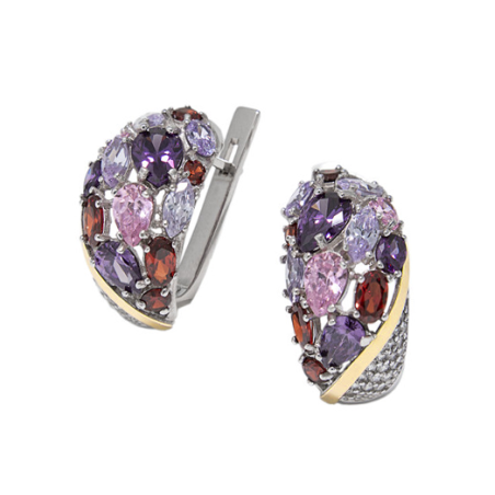 Kolczyki kopułki srebrne 925 z cyrkoniami w odcieniu różu i fioletu i złotą blaszką 375