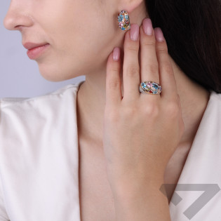 Kolczyki srebrne 925 kopułka z kolorowymi cyrkoniami o różnym szlifie ze złotą blaszką 375