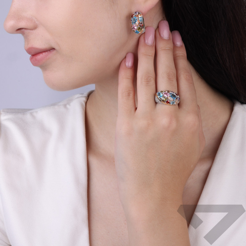 Kolczyki srebrne 925 kopułka z kolorowymi cyrkoniami o różnym szlifie ze złotą blaszką 375