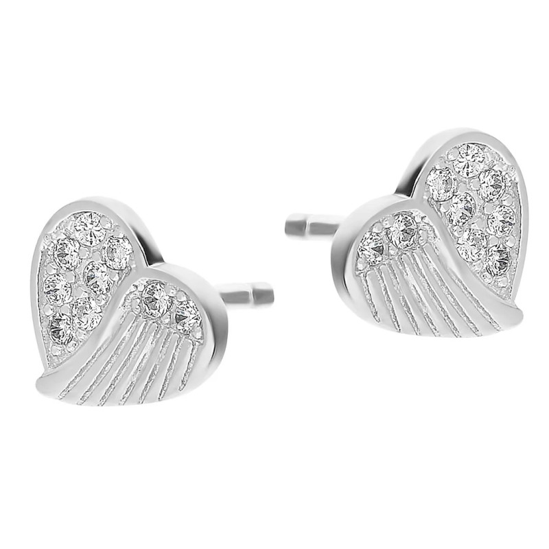 Kolczyki serduszka z cyrkoniami i skrzydłem srebro 925