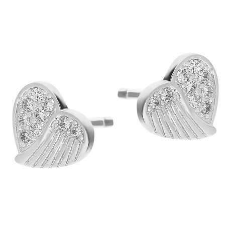Kolczyki serduszka z cyrkoniami i skrzydłem srebro 925
