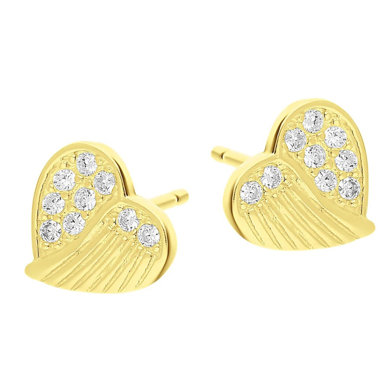 Kolczyki serduszka z cyrkoniami i skrzydłem srebro 925 z powłoką koloru złotego