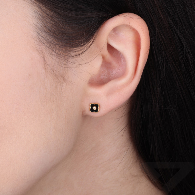 Kolczyki koniczynki z czarną emalią z cyrkonią w środku, srebro 925 koloru złotego