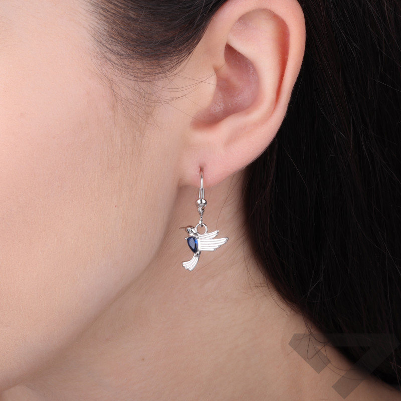 Kolczyki wiszące kolibry z cyrkonią szafirową, srebro 925