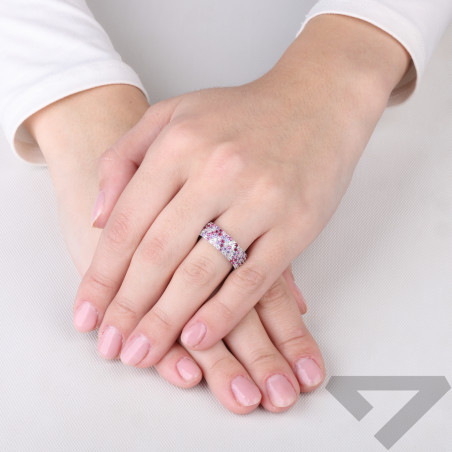 Pierścionek obrączkowy z pięcioma rzędami kolorowych cyrkonii, srebro 925