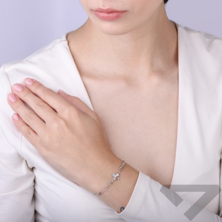 Bransoletka srebrna z motylem z cyrkoniami i masą perłową, srebro 925