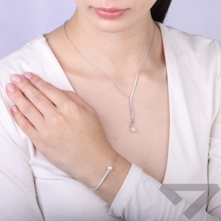 Bransoletka srebrna z cyrkoniami i perełką jubilerską, próba 925